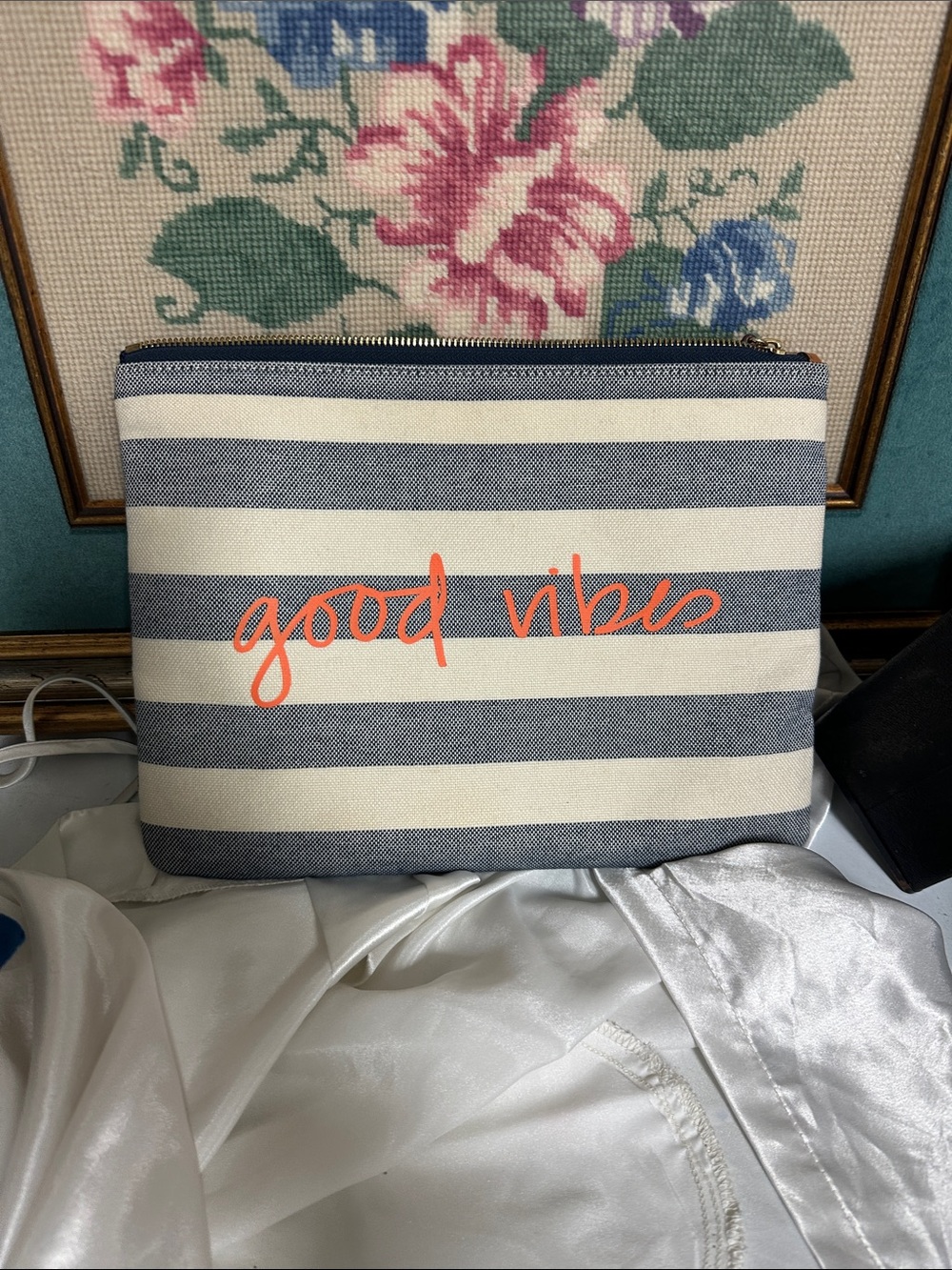 Stella & Dot Navy and White Striped 'good vibes' Canvas Wristlet